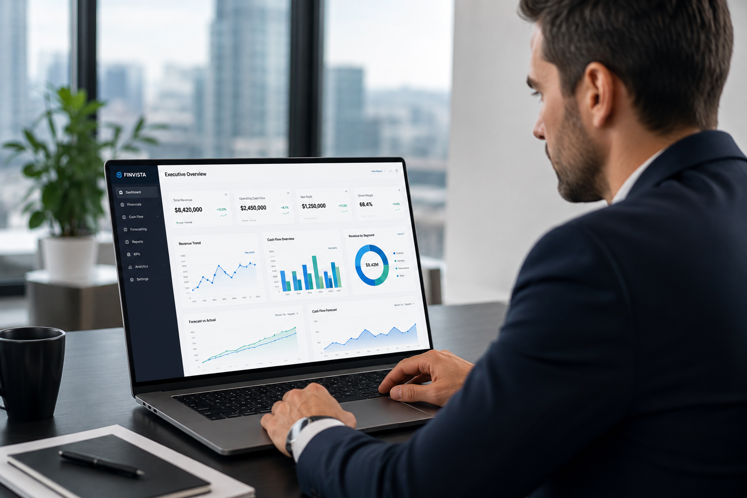 Executive reviewing a financial analytics dashboard with KPI charts and forecasting metrics on a laptop in a modern corporate office.