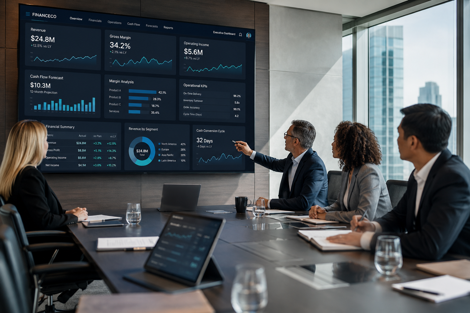 Executive team reviewing real-time financial dashboards and business KPIs in a modern corporate conference room with a clean, high-end aesthetic.