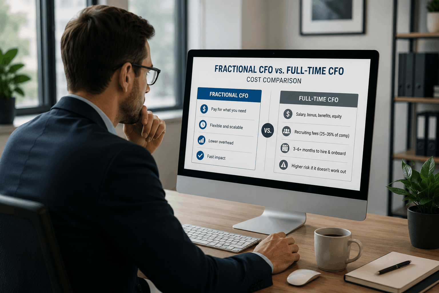 Business professional reviewing a fractional CFO vs. full-time CFO cost comparison on a desktop computer in a modern office workspace.