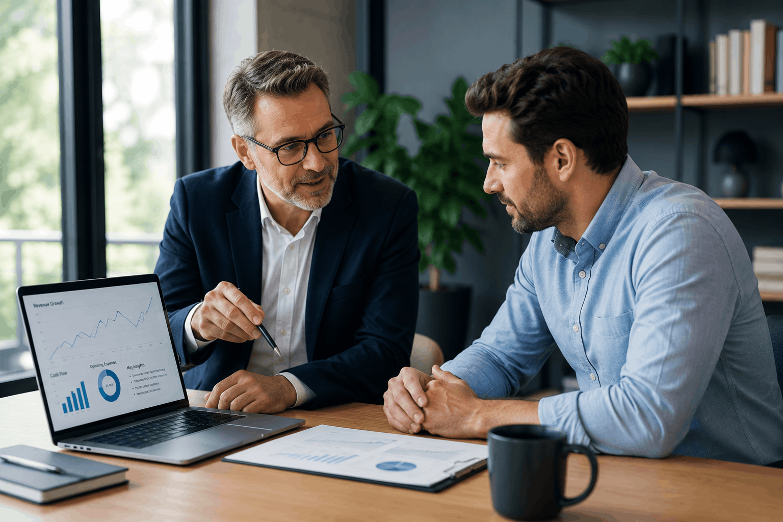 Fractional CFO advisor meeting with a business owner to review financial reports and growth metrics in a modern office setting.
